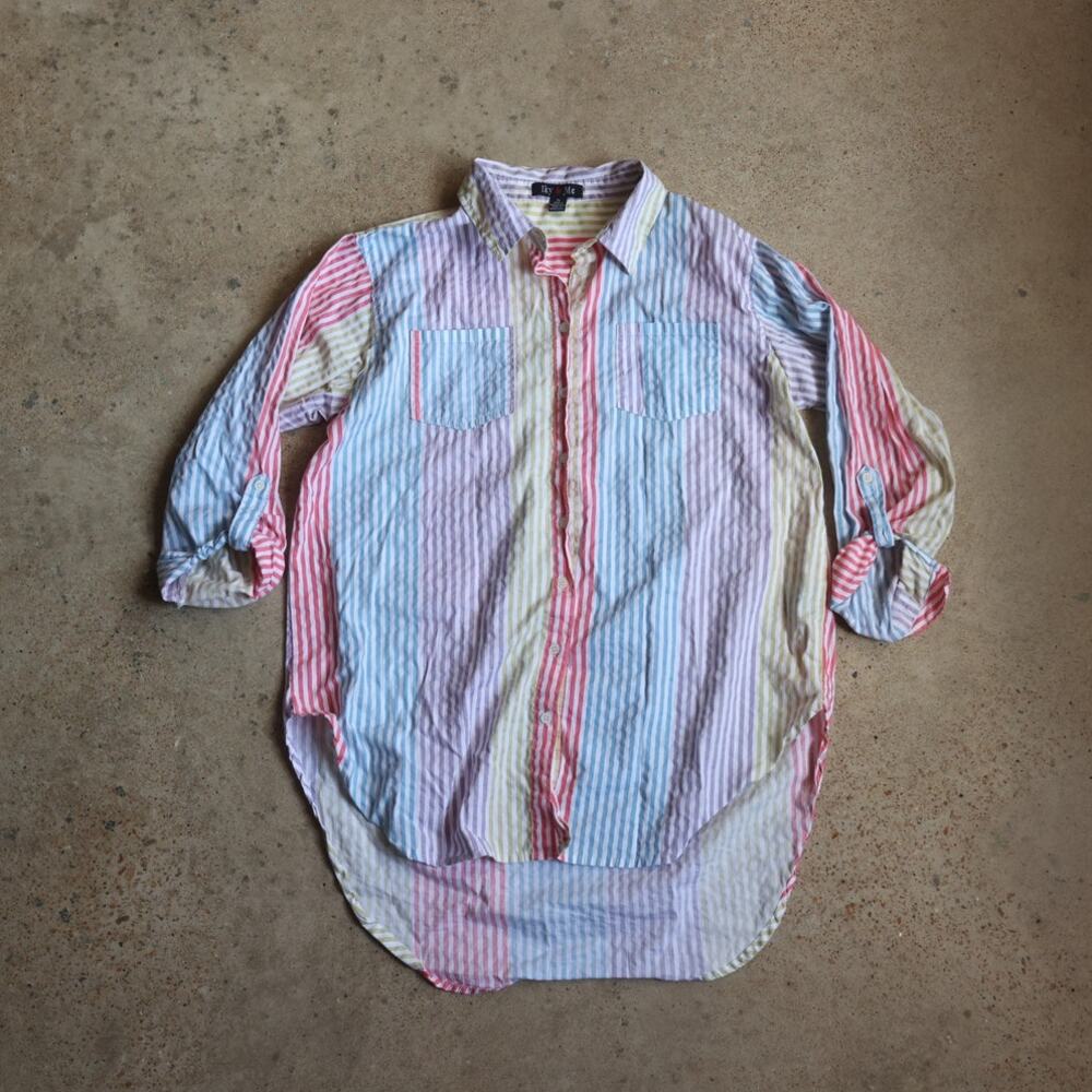 Vintage Iky & Me Pastel Rainbow Striped Longline Button Up Shirt XL 90s Y2K